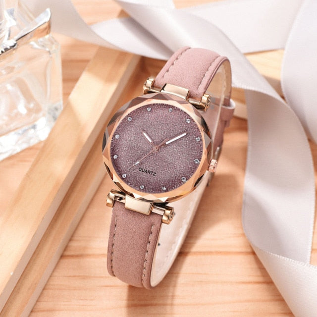 Casual Women Romantic Starry Sky Wrist Watch Bracelet Leather Rhinestone Designer Ladies Clock Simple Dress Gfit  Montre Femme