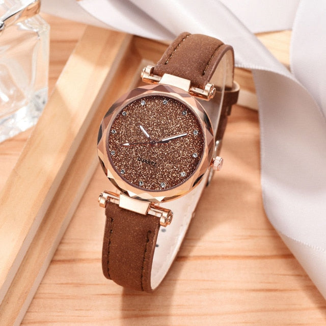 Casual Women Romantic Starry Sky Wrist Watch Bracelet Leather Rhinestone Designer Ladies Clock Simple Dress Gfit  Montre Femme