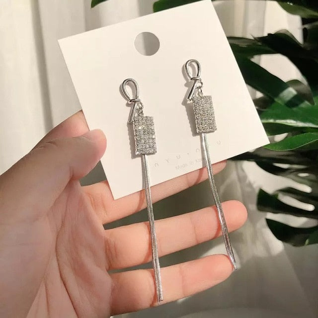 Korean Vintage Glossy Arc Bar Long Thread Tassel Drop Earrings for Women Gold Geometric Fashion Jewelry Hanging Pendientes