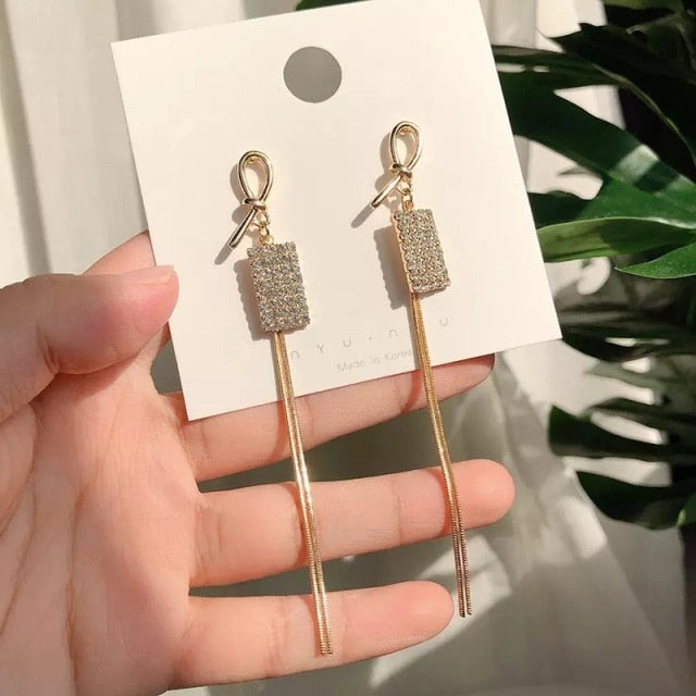 Korean Vintage Glossy Arc Bar Long Thread Tassel Drop Earrings for Women Gold Geometric Fashion Jewelry Hanging Pendientes