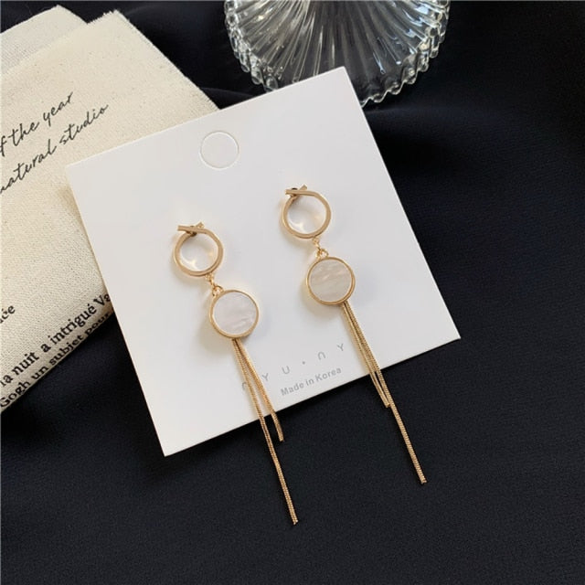 Korean Vintage Glossy Arc Bar Long Thread Tassel Drop Earrings for Women Gold Geometric Fashion Jewelry Hanging Pendientes