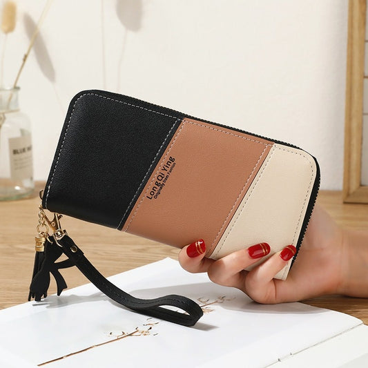 Women Long Three Color Patchwork Wallets Female Hit Color Tassel Zipper Coin Purses Fashion Card Holder Clutch Phone Bag