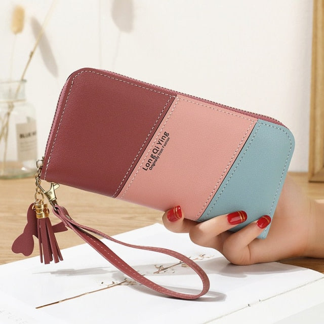 Women Long Three Color Patchwork Wallets Female Hit Color Tassel Zipper Coin Purses Fashion Card Holder Clutch Phone Bag