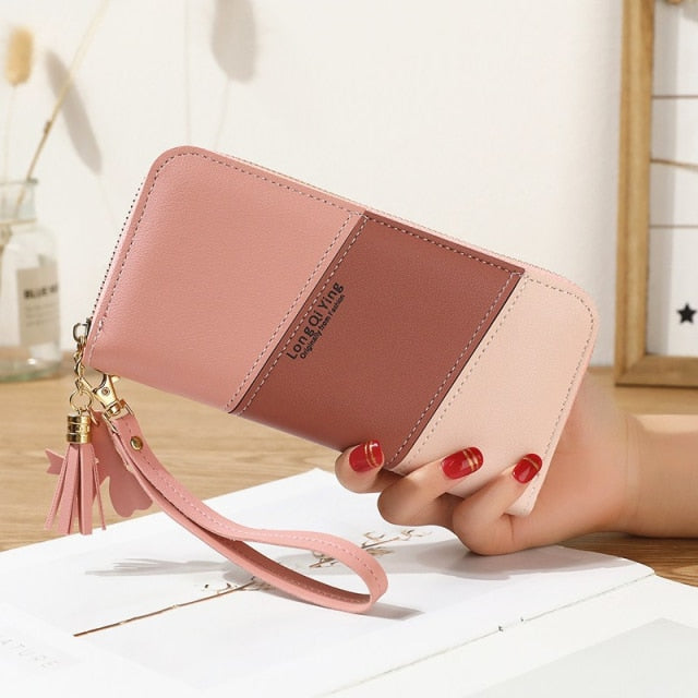 Women Long Three Color Patchwork Wallets Female Hit Color Tassel Zipper Coin Purses Fashion Card Holder Clutch Phone Bag