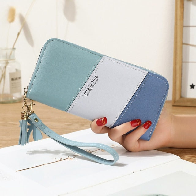 Women Long Three Color Patchwork Wallets Female Hit Color Tassel Zipper Coin Purses Fashion Card Holder Clutch Phone Bag