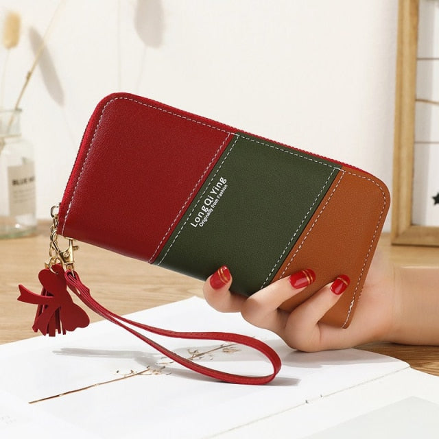 Women Long Three Color Patchwork Wallets Female Hit Color Tassel Zipper Coin Purses Fashion Card Holder Clutch Phone Bag