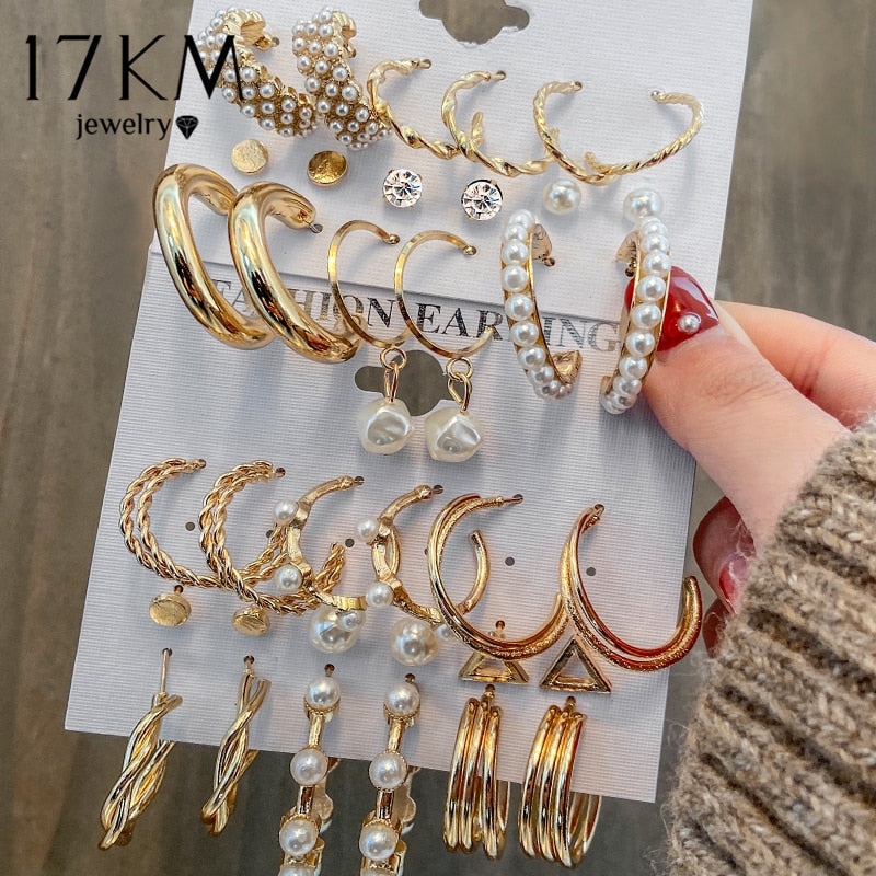 17KM Fashion Pearl Hoop Earrings Set For Women Geometirc Gold Metal Circle Hoop Earrings Brincos 2021 Trend Jewelry Gift