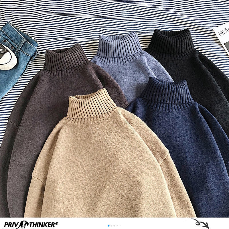 Privathinker Winter Warm Men's Turtleneck Sweaters Solid Color Korean Man Casual Knitter Pullovers 2021 Harajuku Male Sweaters