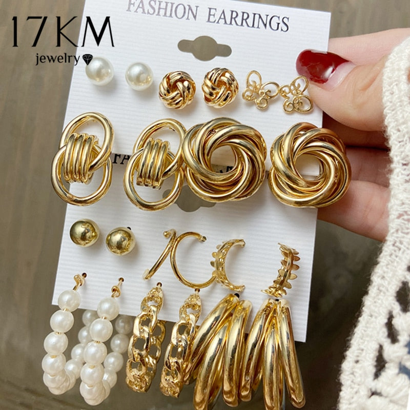 17KM Vintage Geometric Gold Metal Earrings Set For Women Punk Pearl Dangle Drop Earrings 2021 Trend Set of Earrings Jewelry