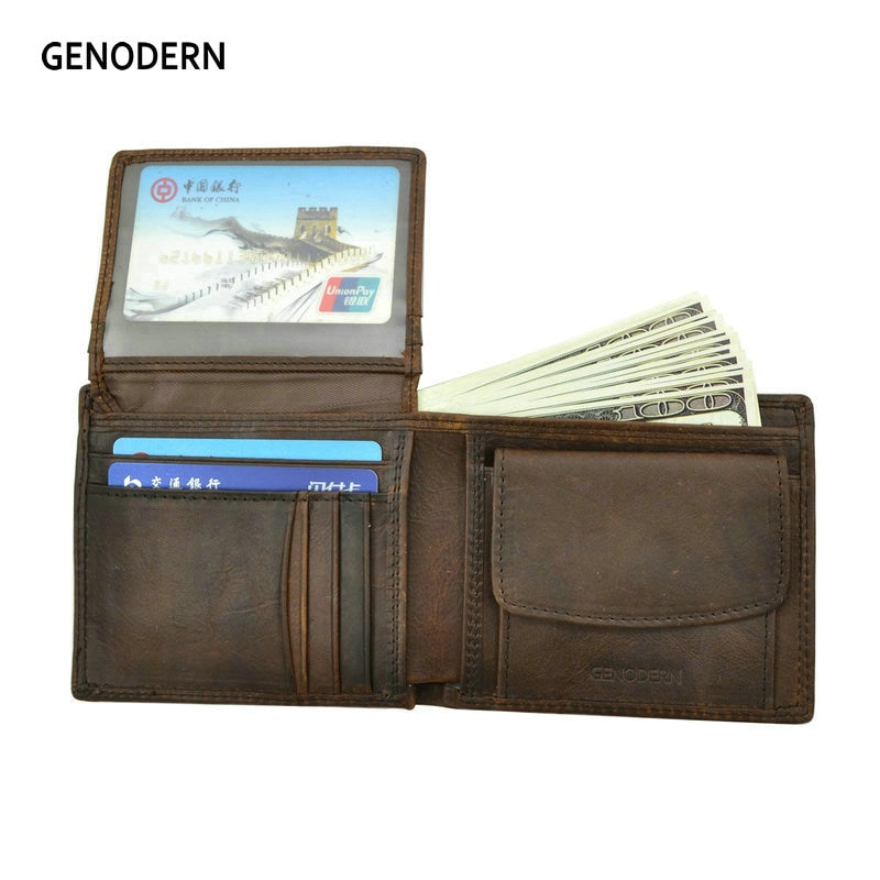 GENODERN Cow Leather Men Wallets with Coin Pocket Vintage Male Purse Function Brown Genuine Leather Men Wallet with Card Holders