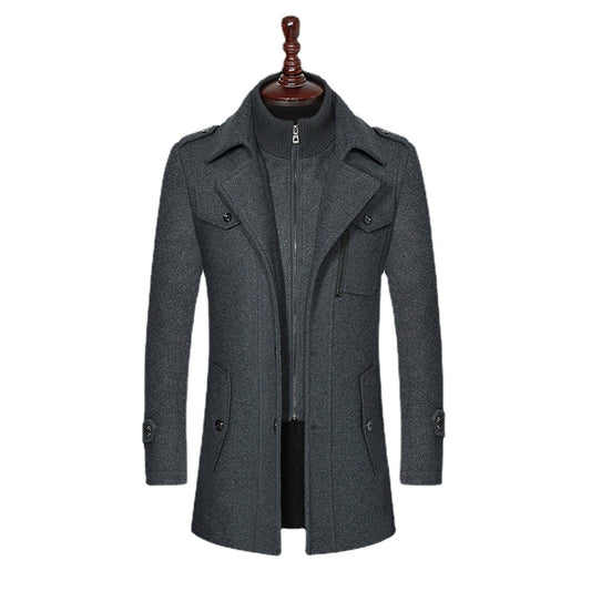 Fashion Winter Mens Wool Blends Double Collar Thick Jacket Single Breasted Trench Coat Men