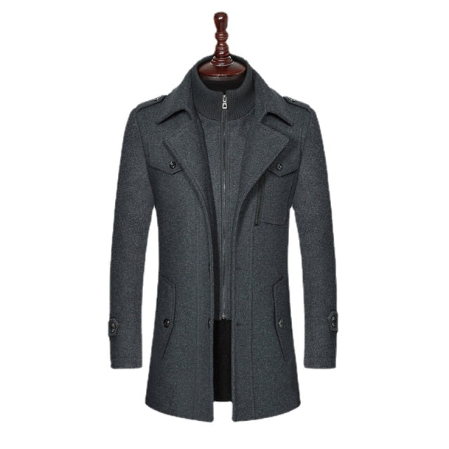 Fashion Winter Mens Wool Blends Double Collar Thick Jacket Single Breasted Trench Coat Men