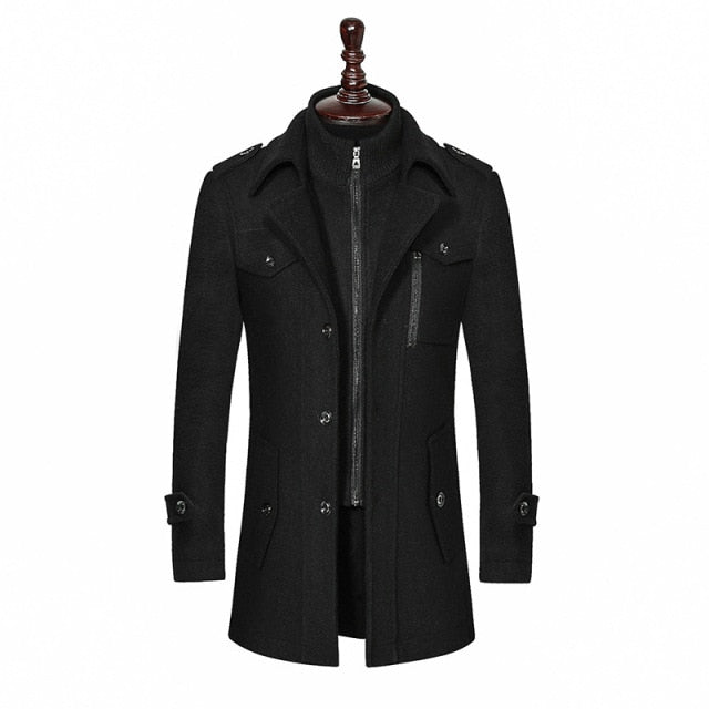 Fashion Winter Mens Wool Blends Double Collar Thick Jacket Single Breasted Trench Coat Men