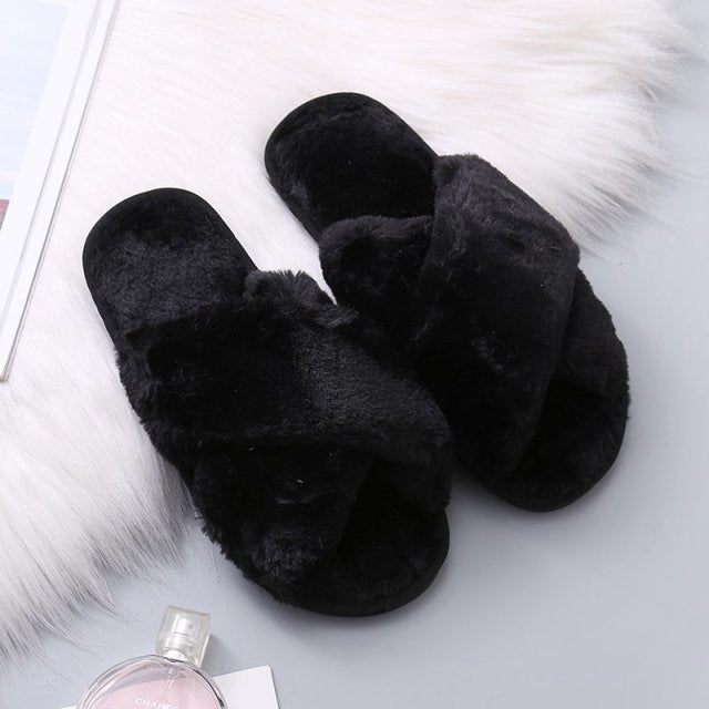 Warm Fluffy Slippers Women Cozy Faux Fur Cross Indoor Floor Slides Flat Soft Furry Shoes Ladies Female Celebrities Flip Flops