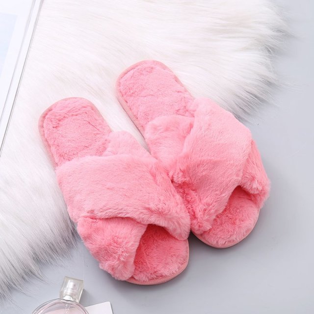 Warm Fluffy Slippers Women Cozy Faux Fur Cross Indoor Floor Slides Flat Soft Furry Shoes Ladies Female Celebrities Flip Flops