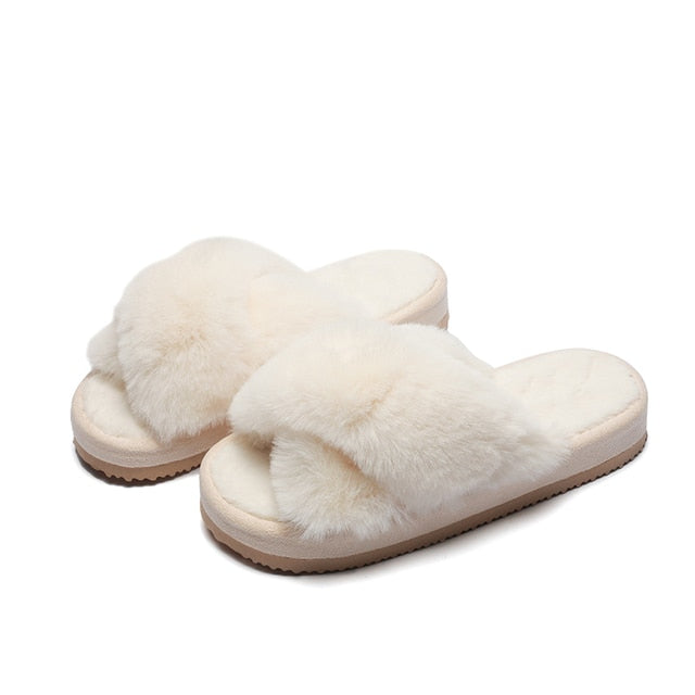 Warm Fluffy Slippers Women Cozy Faux Fur Cross Indoor Floor Slides Flat Soft Furry Shoes Ladies Female Celebrities Flip Flops