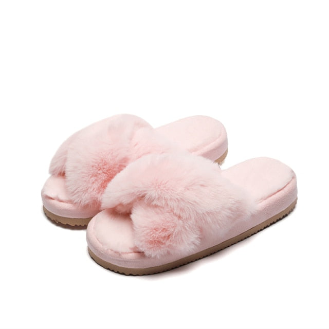 Warm Fluffy Slippers Women Cozy Faux Fur Cross Indoor Floor Slides Flat Soft Furry Shoes Ladies Female Celebrities Flip Flops