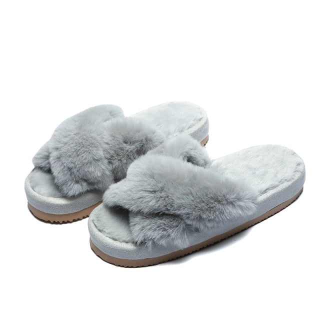 Warm Fluffy Slippers Women Cozy Faux Fur Cross Indoor Floor Slides Flat Soft Furry Shoes Ladies Female Celebrities Flip Flops