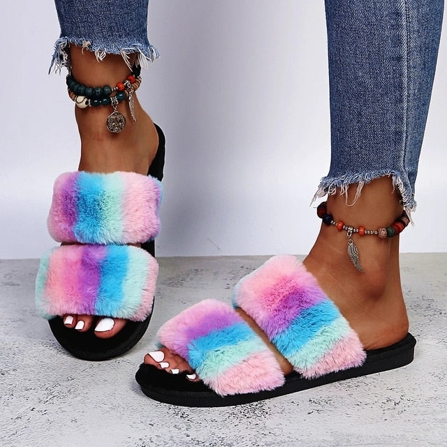 Warm Fluffy Slippers Women Cozy Faux Fur Cross Indoor Floor Slides Flat Soft Furry Shoes Ladies Female Celebrities Flip Flops