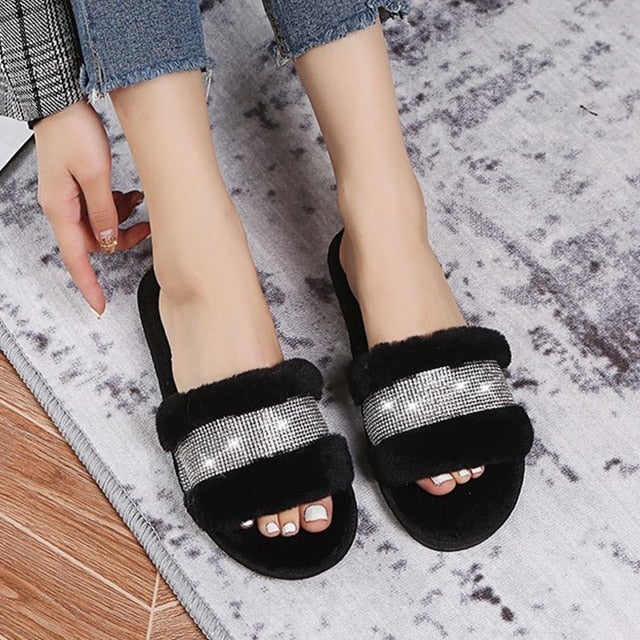 Warm Fluffy Slippers Women Cozy Faux Fur Cross Indoor Floor Slides Flat Soft Furry Shoes Ladies Female Celebrities Flip Flops