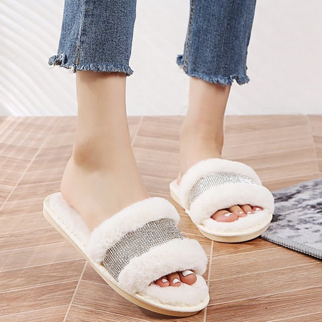 Warm Fluffy Slippers Women Cozy Faux Fur Cross Indoor Floor Slides Flat Soft Furry Shoes Ladies Female Celebrities Flip Flops