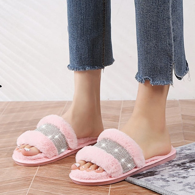 Warm Fluffy Slippers Women Cozy Faux Fur Cross Indoor Floor Slides Flat Soft Furry Shoes Ladies Female Celebrities Flip Flops