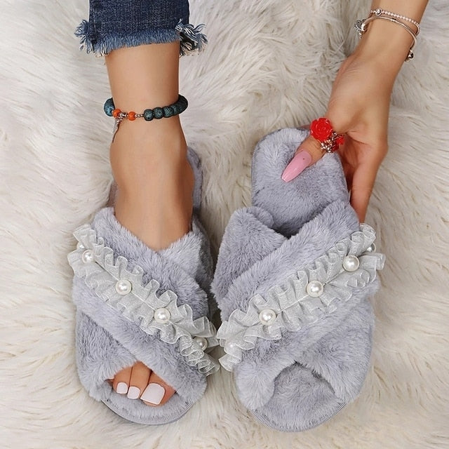 Warm Fluffy Slippers Women Cozy Faux Fur Cross Indoor Floor Slides Flat Soft Furry Shoes Ladies Female Celebrities Flip Flops