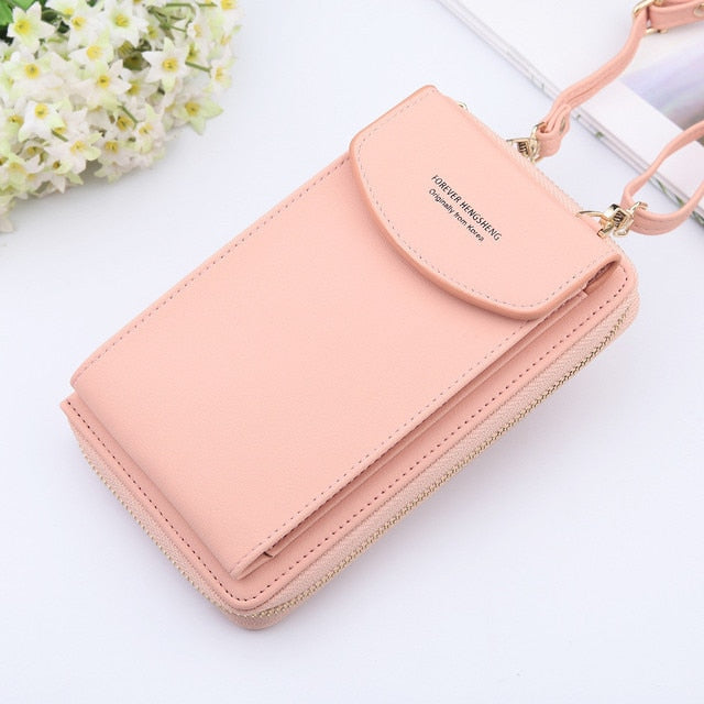 New Women Purses Solid Color Leather Summer Bag Shoulder Strap Mobile Phone Bag Card Holders Wallet Handbag Pockets for Girls