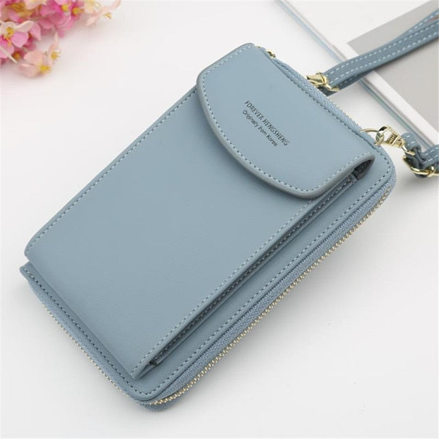 New Women Purses Solid Color Leather Summer Bag Shoulder Strap Mobile Phone Bag Card Holders Wallet Handbag Pockets for Girls