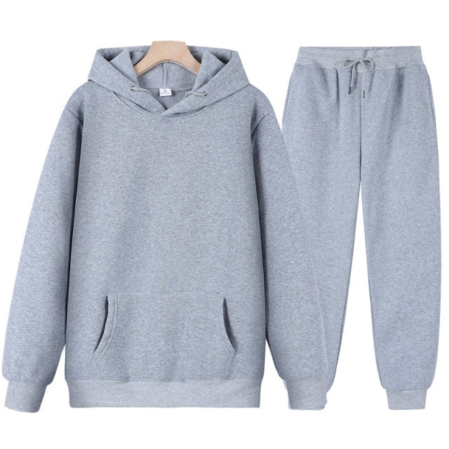 New Men Women Tracksuit Hoodies Casual Solid Color Thick Pullover and Long Pant 2-piece Set Men Autumn Fleece Jogger Sports Suit