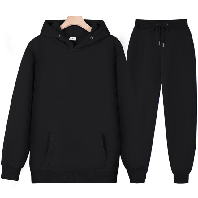 New Men Women Tracksuit Hoodies Casual Solid Color Thick Pullover and Long Pant 2-piece Set Men Autumn Fleece Jogger Sports Suit