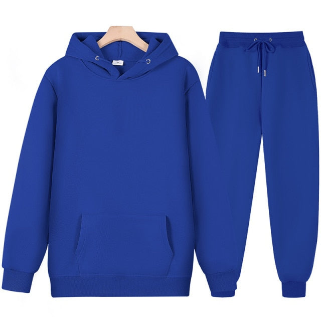 New Men Women Tracksuit Hoodies Casual Solid Color Thick Pullover and Long Pant 2-piece Set Men Autumn Fleece Jogger Sports Suit