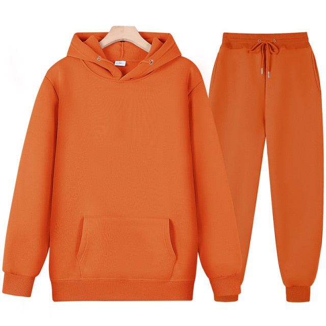 New Men Women Tracksuit Hoodies Casual Solid Color Thick Pullover and Long Pant 2-piece Set Men Autumn Fleece Jogger Sports Suit