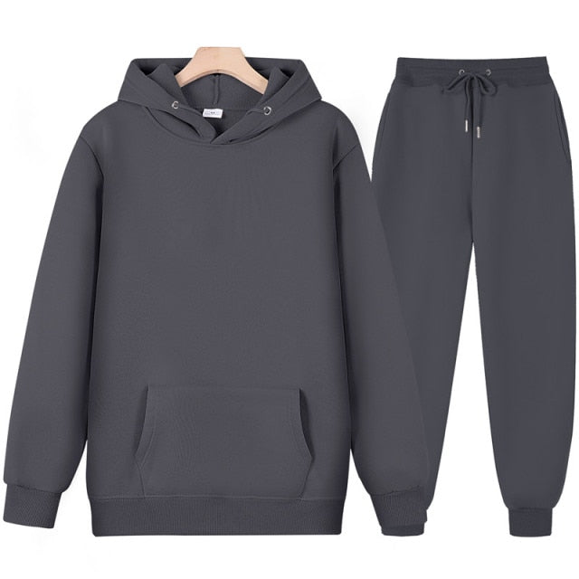 New Men Women Tracksuit Hoodies Casual Solid Color Thick Pullover and Long Pant 2-piece Set Men Autumn Fleece Jogger Sports Suit