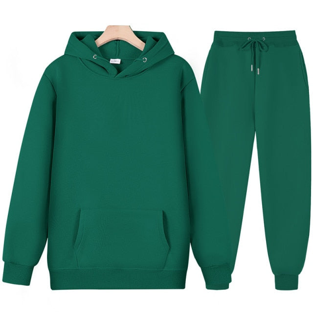 New Men Women Tracksuit Hoodies Casual Solid Color Thick Pullover and Long Pant 2-piece Set Men Autumn Fleece Jogger Sports Suit