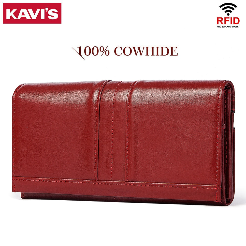 KAVIS Genuine Leather Women Long Purse Female Clutches Money Wallets Handbag Handy Passport walet for Cell Phone Card Holder