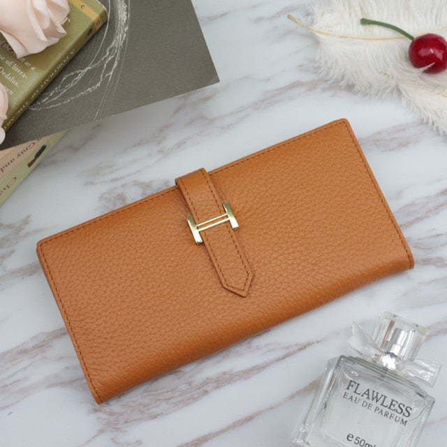 Genuine Leather Women Luxury Lychee Pattern Wallets Long Brand Zipper Coin Purses Female Solid Colors Hasp Thin Clutch Phone Bag