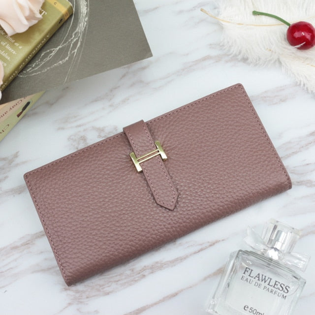 Genuine Leather Women Luxury Lychee Pattern Wallets Long Brand Zipper Coin Purses Female Solid Colors Hasp Thin Clutch Phone Bag