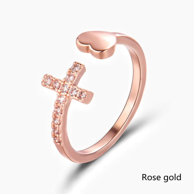 1PC Silver Color Alloy Rhinestone Cross Ring Geometric Heart Adjustable Opening Rings For Women Fashion Jewelry Gift