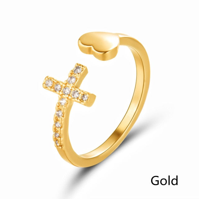 1PC Silver Color Alloy Rhinestone Cross Ring Geometric Heart Adjustable Opening Rings For Women Fashion Jewelry Gift