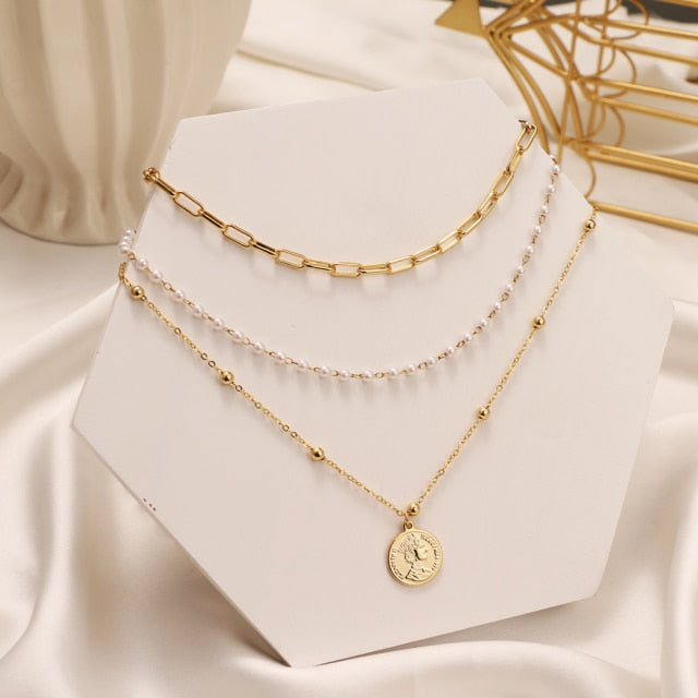 ZOVOLI Vintage Multi Layered Lock Portrait Pearl Round Coin Pendants Necklaces For Women Bohemia Gold Key Heart Long  Jewelry