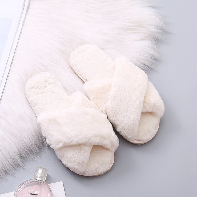 Women Fashion Warm Fluffy Slippers Cozy Faux Fur Cross Indoor Floor Slides Flat Soft Furry Ladies Female Celebrities Flip Flops