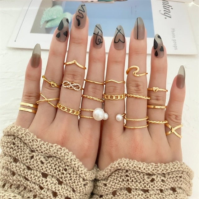 FNIO Bohemian Gold Chain Rings Set For Women Fashion Boho Coin Snake Moon Rings Party 2021 Trend Jewelry Gift